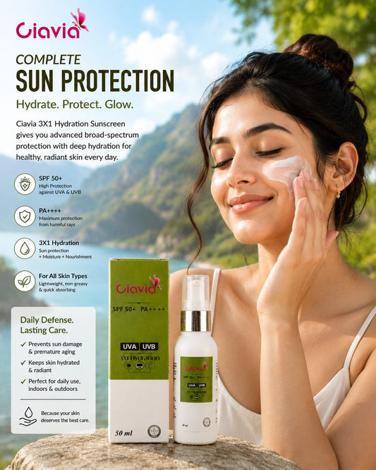 Ciavia 3X1 Hydration Sunscreen SPF 50+ PA++++ | Broad Spectrum UVA & UVB Protection | Lightweight & Non-Greasy | 50ml