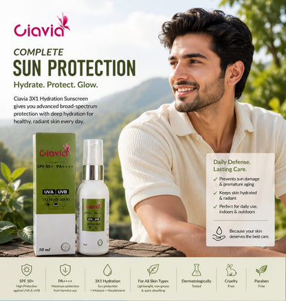 Ciavia 3X1 Hydration Sunscreen SPF 50+ PA++++ | Broad Spectrum UVA & UVB Protection | Lightweight & Non-Greasy | 50ml