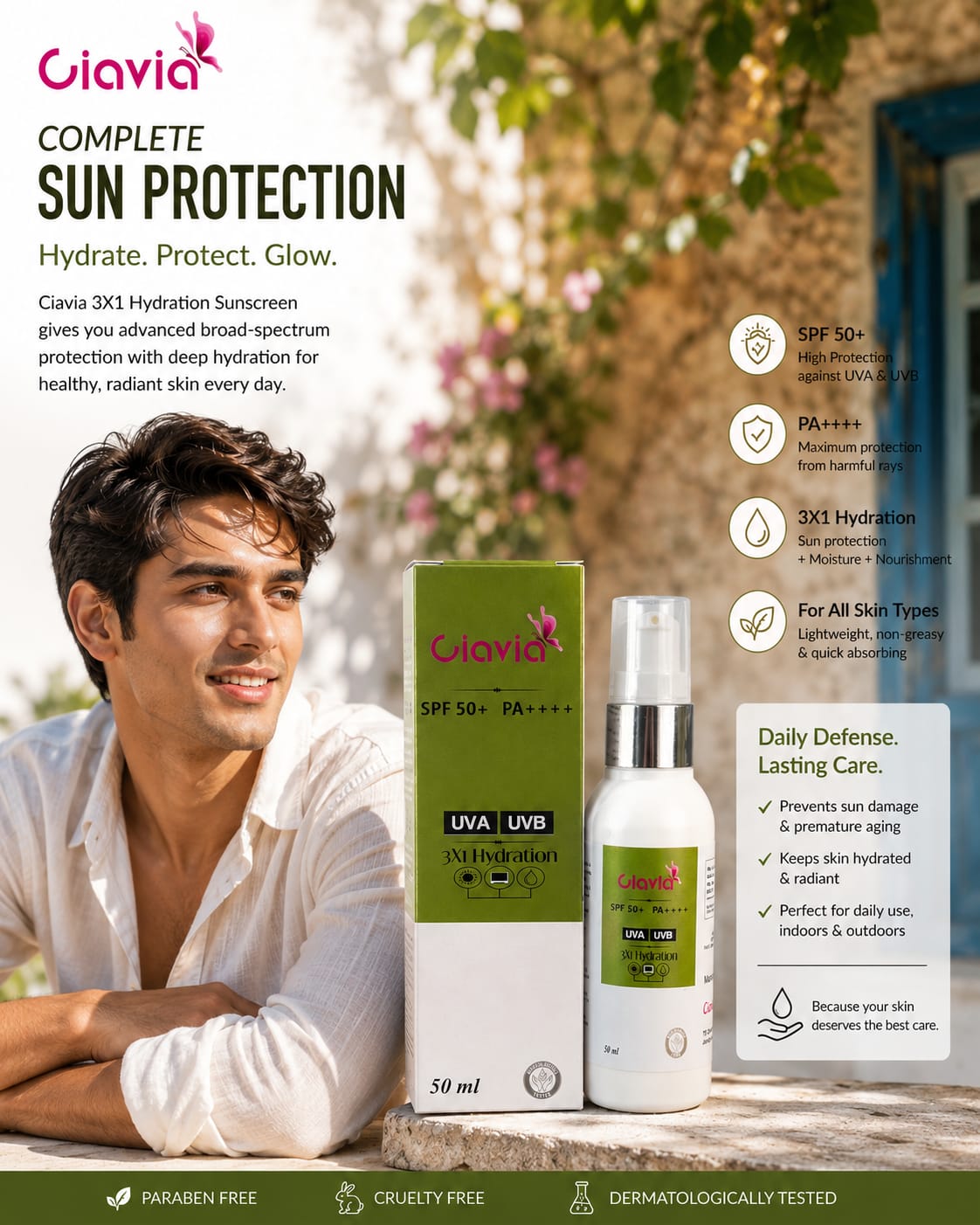 Ciavia 3X1 Hydration Sunscreen SPF 50+ PA++++ | Broad Spectrum UVA & UVB Protection | Lightweight & Non-Greasy | 50ml