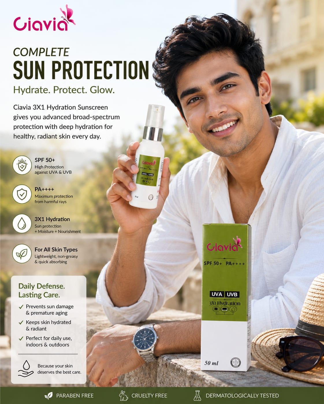 Ciavia 3X1 Hydration Sunscreen SPF 50+ PA++++ | Broad Spectrum UVA & UVB Protection | Lightweight & Non-Greasy | 50ml
