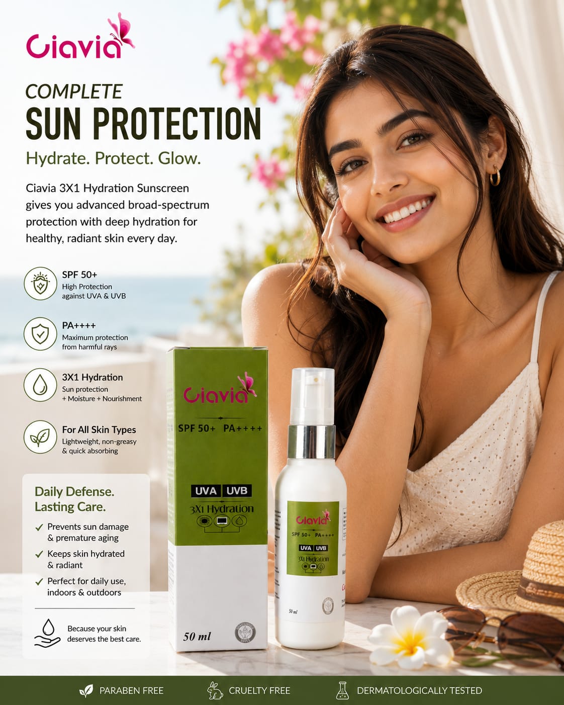Ciavia 3X1 Hydration Sunscreen SPF 50+ PA++++ | Broad Spectrum UVA & UVB Protection | Lightweight & Non-Greasy | 50ml