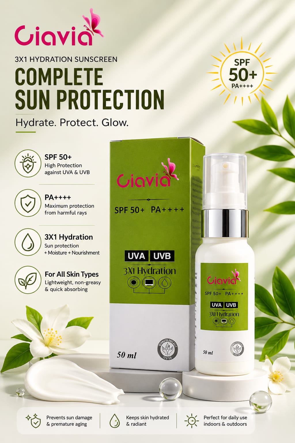 Ciavia 3X1 Hydration Sunscreen SPF 50+ PA++++ | Broad Spectrum UVA & UVB Protection | Lightweight & Non-Greasy | 50ml