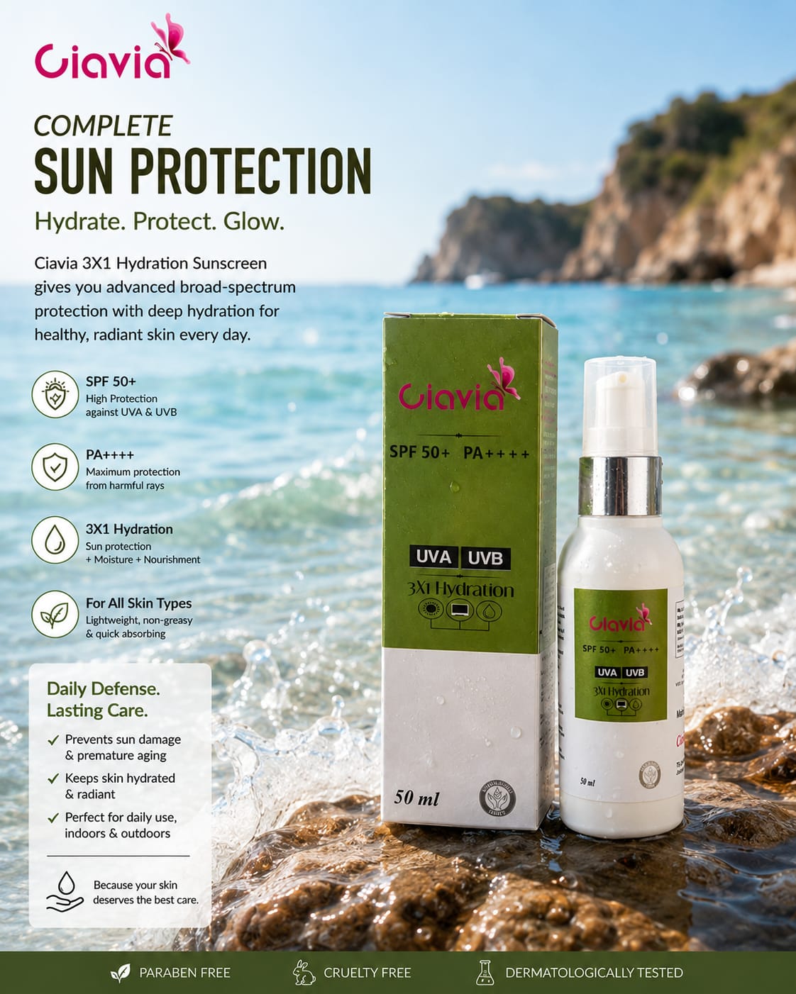 Ciavia 3X1 Hydration Sunscreen SPF 50+ PA++++ | Broad Spectrum UVA & UVB Protection | Lightweight & Non-Greasy | 50ml