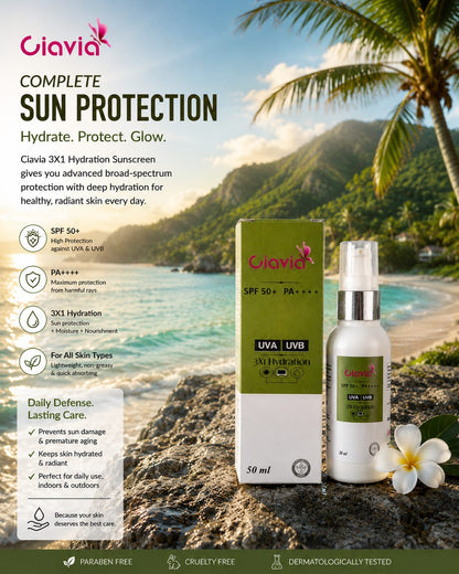 Ciavia 3X1 Hydration Sunscreen SPF 50+ PA++++ | Broad Spectrum UVA & UVB Protection | Lightweight & Non-Greasy | 50ml
