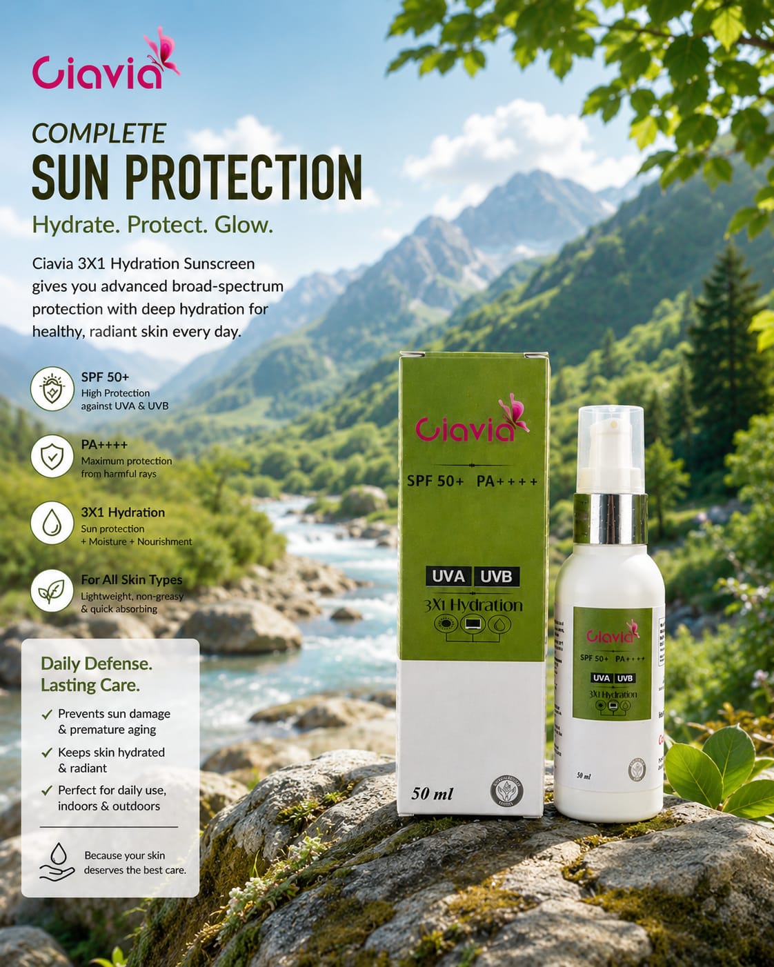 Ciavia 3X1 Hydration Sunscreen SPF 50+ PA++++ | Broad Spectrum UVA & UVB Protection | Lightweight & Non-Greasy | 50ml