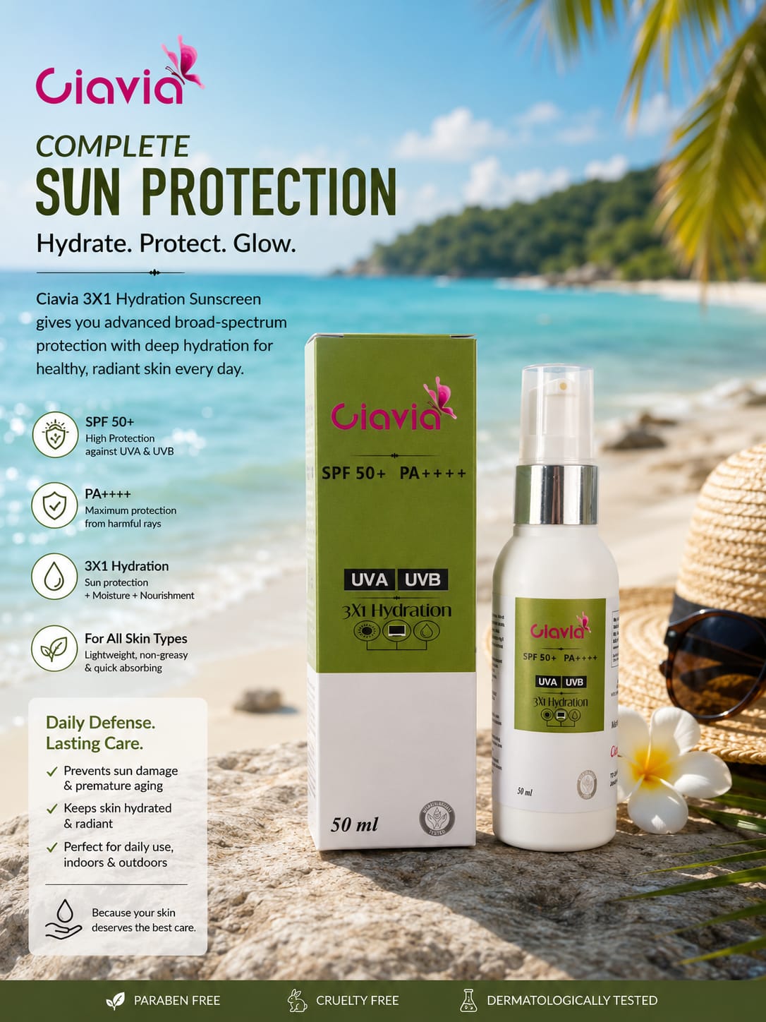 Ciavia 3X1 Hydration Sunscreen SPF 50+ PA++++ | Broad Spectrum UVA & UVB Protection | Lightweight & Non-Greasy | 50ml